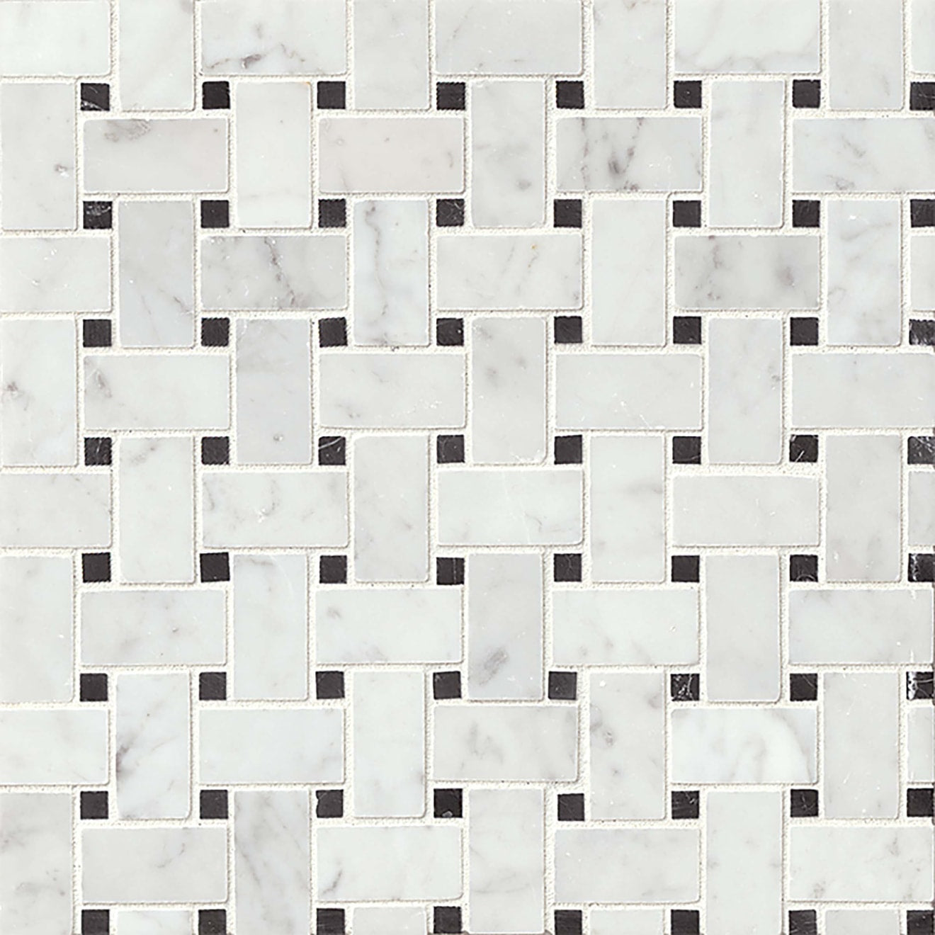 Bedrosians Basket Weave Mosaics 12" X 12" White Carrara and Black Marble Dot