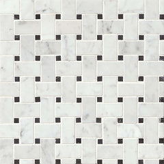 Bedrosians Basket Weave Mosaics 12" X 12" White Carrara and Black Marble Dot