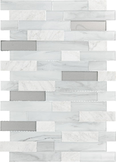 Daltile Perfit Mosaix 18" X RL" Mosaic White Carrara & Glass / Straight Stack 1 X 4 Inch